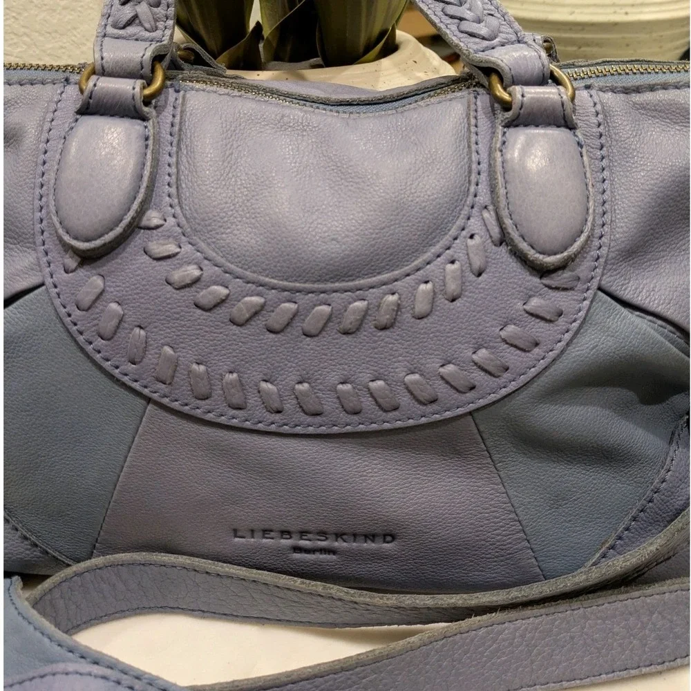Liebeskind Berlin Satchel Bag Medium Sz Real Leather Blue Braided Crossbody Boho